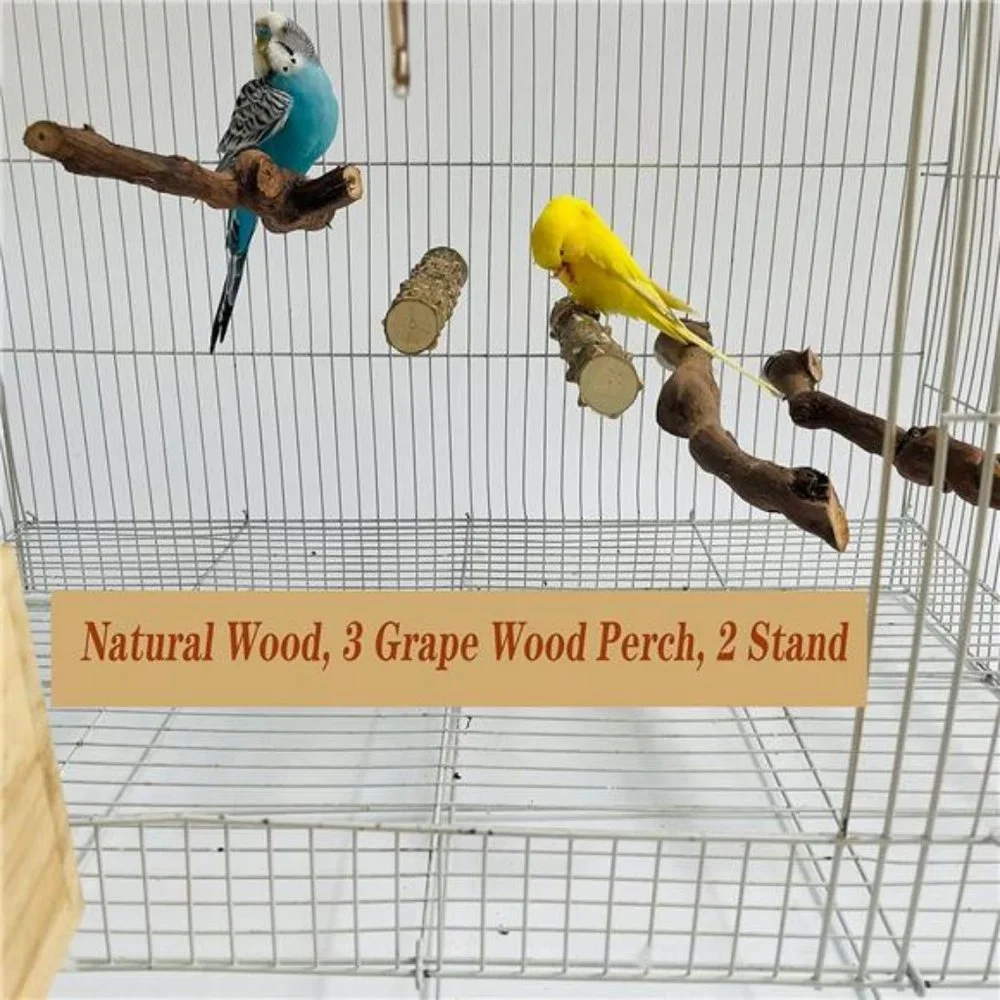 5PCS Bird Perch Stand Natural Wooden Parrot Stand Branch, 3 Grape Wood Perch